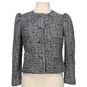 Kate Spade Tweed Blazer Jacket Puff Sleeve Women Size 6 Navy White